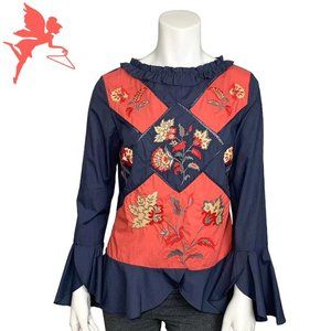 ANYHROPOLOGIE LAIA Dark Cottagecore Peplum Top with Embroidery